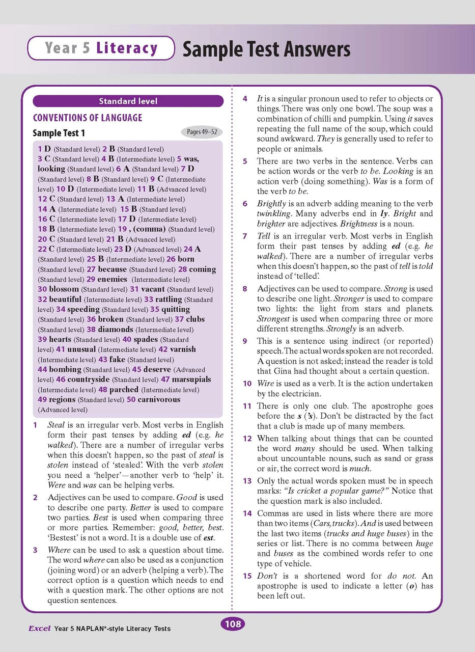 The twelfth sample interior page from the Excel Year 5 NAPLAN-style Literacy Tests workbook as shown in the publisher gallery