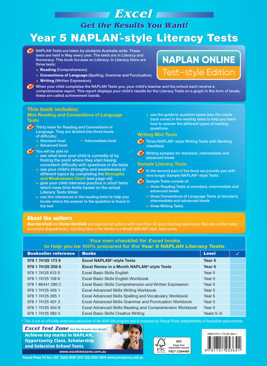 Back cover of the Excel Year 5 NAPLAN-style Literacy Tests workbook as shown at the end of the publisher gallery