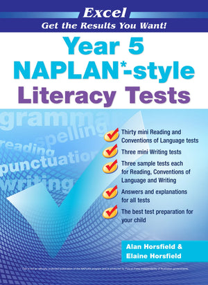 Front cover of the Excel Year 5 NAPLAN-style Literacy Tests workbook from Pascal Press