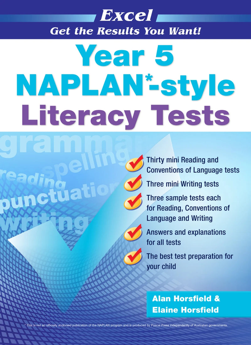 Front cover of the Excel Year 5 NAPLAN-style Literacy Tests workbook from Pascal Press