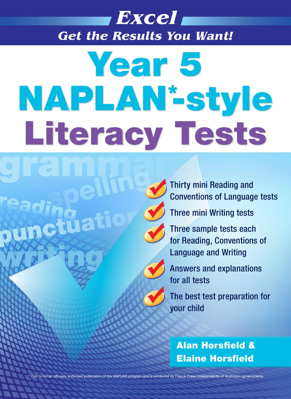 Front cover of the Excel Year 5 NAPLAN-style Literacy Tests workbook from Pascal Press