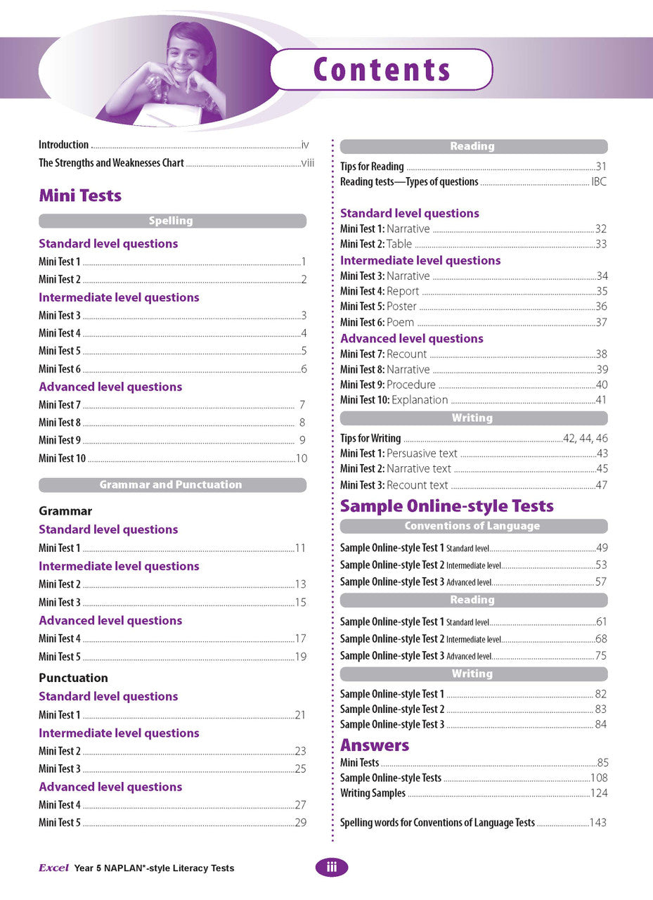 The first sample interior page from the Excel Year 5 NAPLAN-style Literacy Tests workbook as shown in the publisher gallery