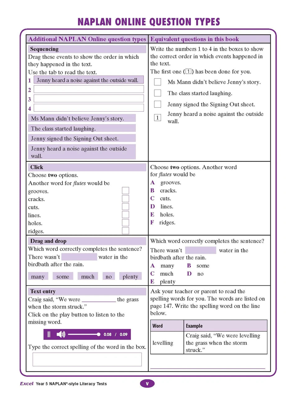 The second sample interior page from the Excel Year 5 NAPLAN-style Literacy Tests workbook as shown in the publisher gallery