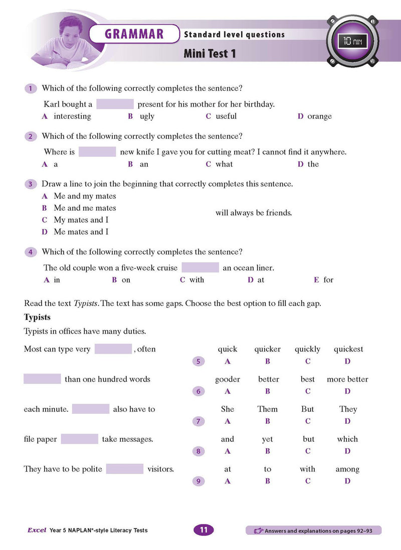 The fourth sample interior page from the Excel Year 5 NAPLAN-style Literacy Tests workbook as shown in the publisher gallery