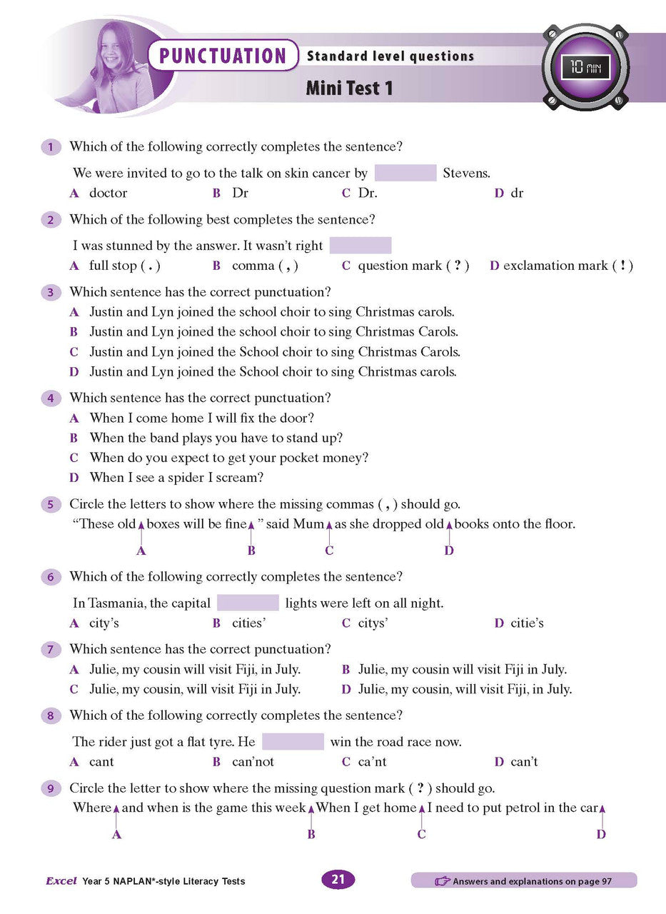 The fifth sample interior page from the Excel Year 5 NAPLAN-style Literacy Tests workbook as shown in the publisher gallery
