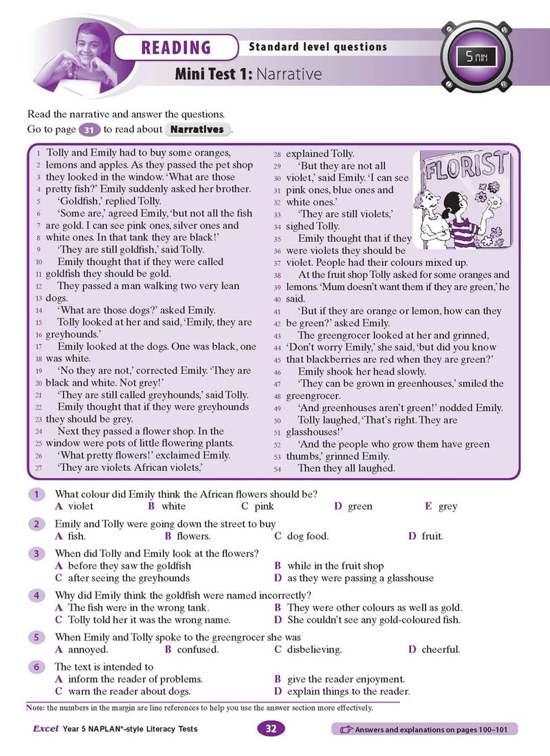 The sixth sample interior page from the Excel Year 5 NAPLAN-style Literacy Tests workbook as shown in the publisher gallery