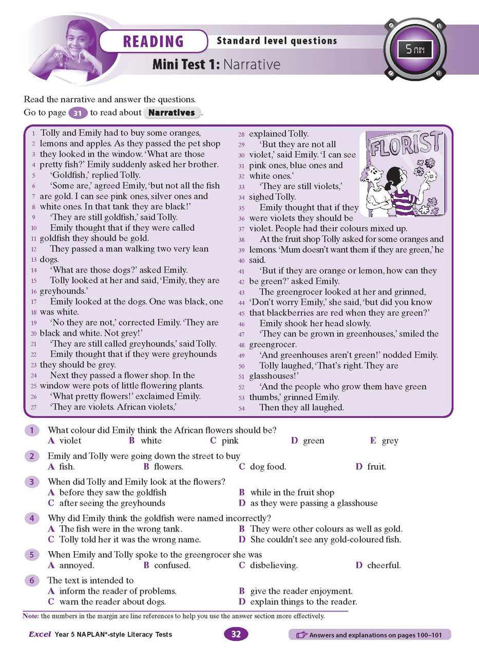 The sixth sample interior page from the Excel Year 5 NAPLAN-style Literacy Tests workbook as shown in the publisher gallery