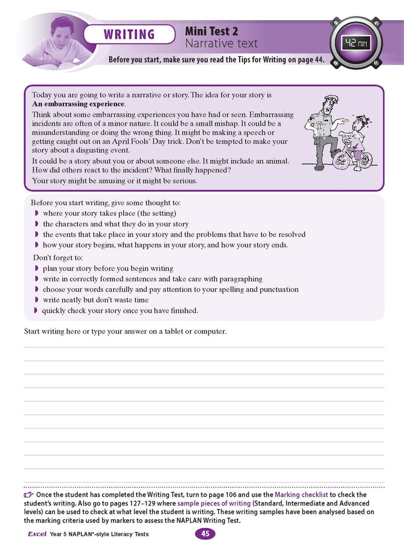The seventh sample interior page from the Excel Year 5 NAPLAN-style Literacy Tests workbook as shown in the publisher gallery
