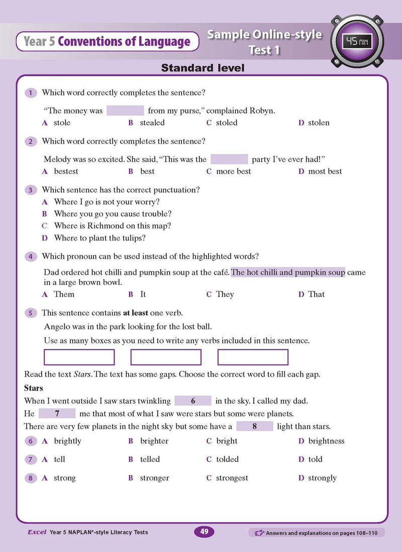 The eighth sample interior page from the Excel Year 5 NAPLAN-style Literacy Tests workbook as shown in the publisher gallery
