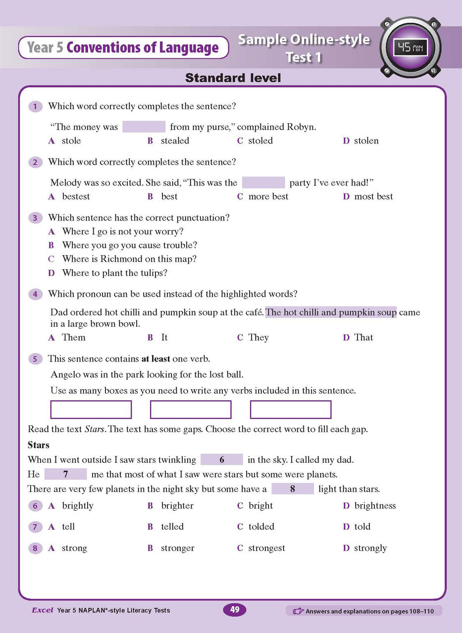 The eighth sample interior page from the Excel Year 5 NAPLAN-style Literacy Tests workbook as shown in the publisher gallery