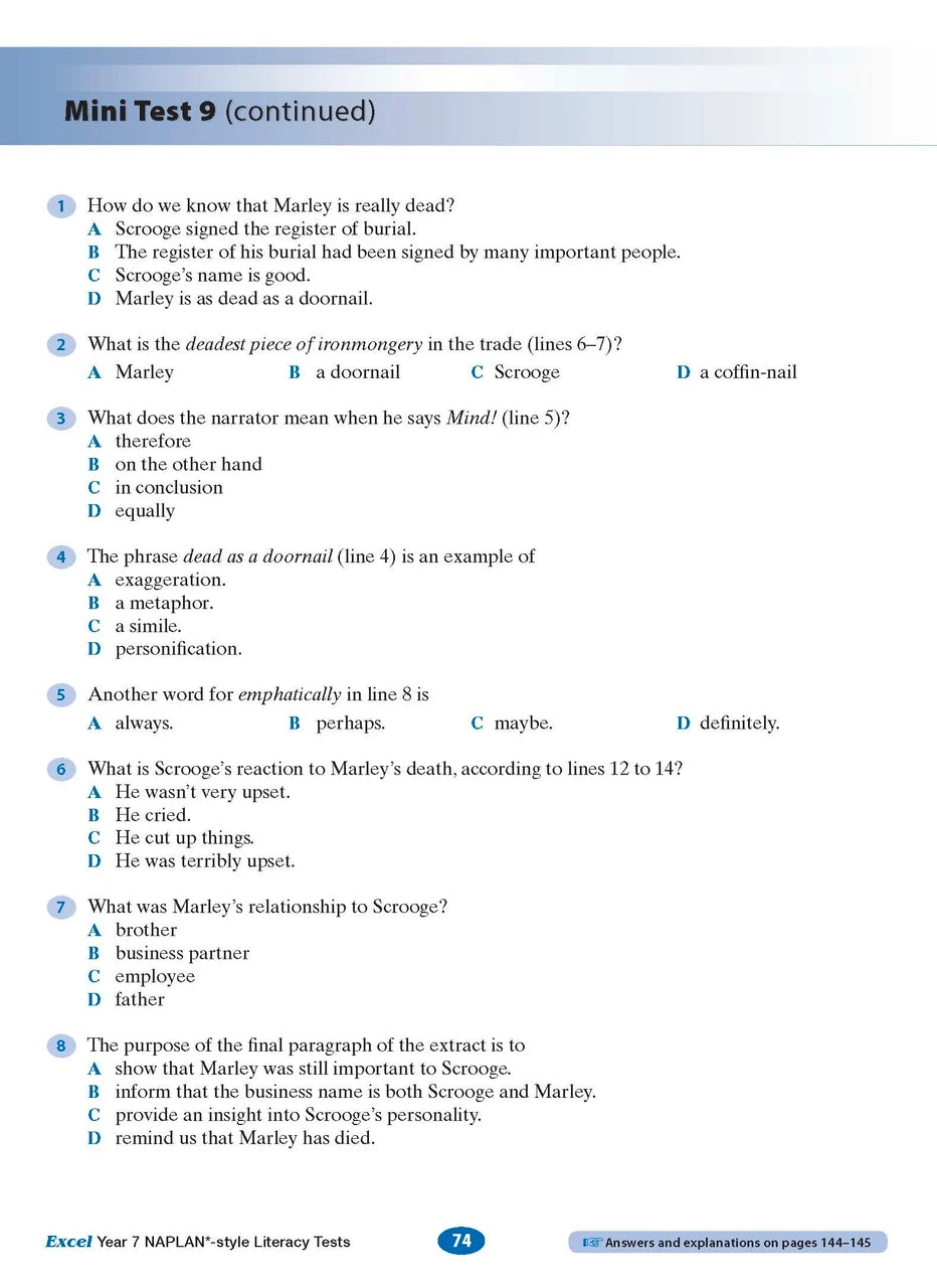 Sample interior page from the Excel NAPLAN-style Literacy Tests Year 7 workbook, as shown in the Pascal Press product gallery