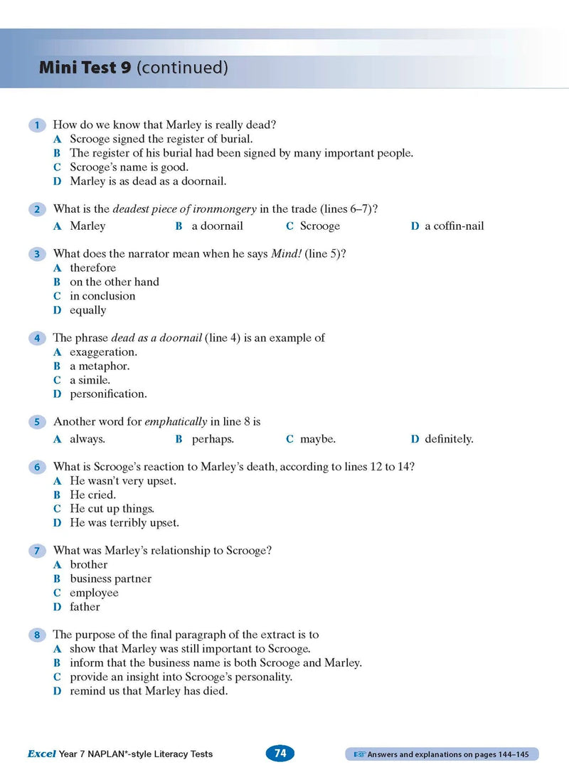 Sample interior page from the Excel NAPLAN-style Literacy Tests Year 7 workbook, as shown in the Pascal Press product gallery