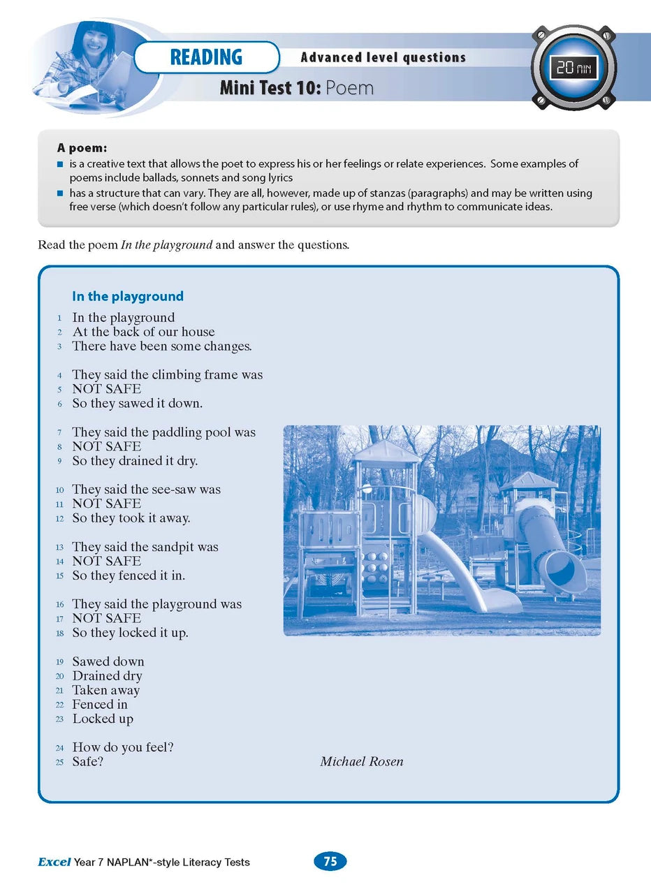 Sample interior page from the Excel NAPLAN-style Literacy Tests Year 7 workbook, as shown in the Pascal Press product gallery