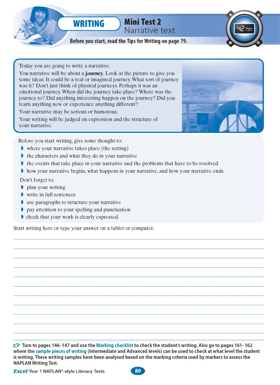 Sample interior page from the Excel NAPLAN-style Literacy Tests Year 7 workbook, as shown in the Pascal Press product gallery