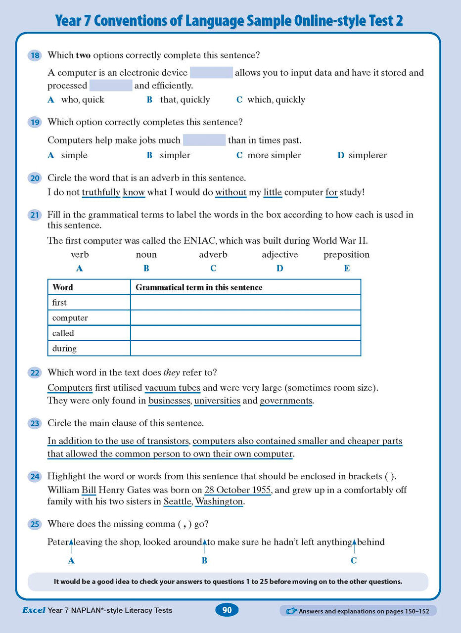 Sample interior page from the Excel NAPLAN-style Literacy Tests Year 7 workbook, as shown in the Pascal Press product gallery