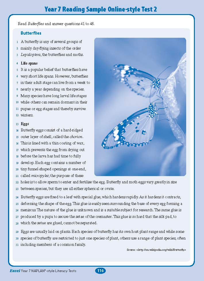 Sample interior page from the Excel NAPLAN-style Literacy Tests Year 7 workbook, as shown in the Pascal Press product gallery