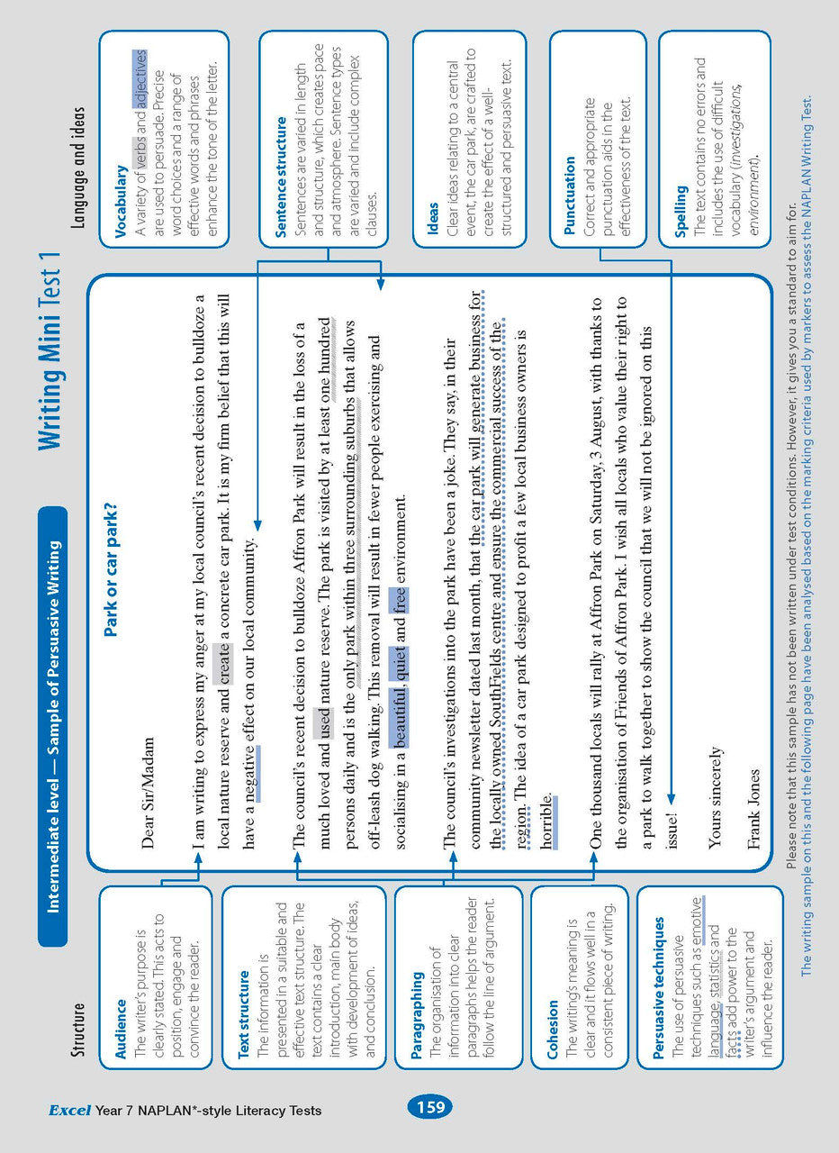 Sample interior page from the Excel NAPLAN-style Literacy Tests Year 7 workbook, as shown in the Pascal Press product gallery