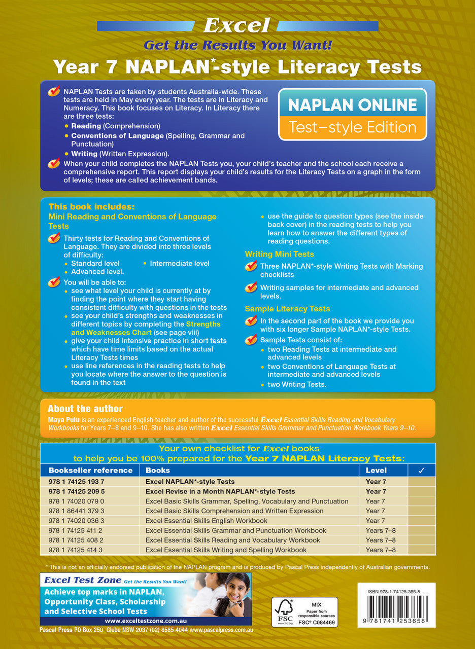 Back cover of the Excel NAPLAN-style Literacy Tests Year 7 workbook as shown in the Pascal Press product gallery