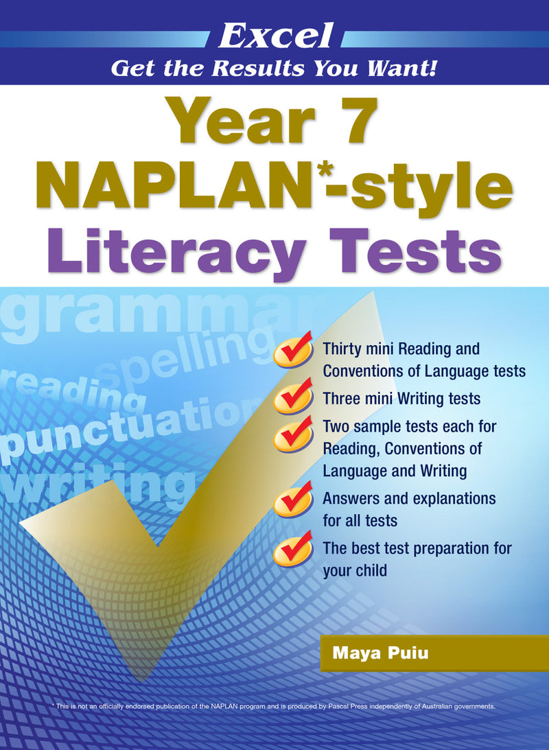 Front cover of the Excel NAPLAN-style Literacy Tests Year 7 workbook from Pascal Press, shown as the main product image