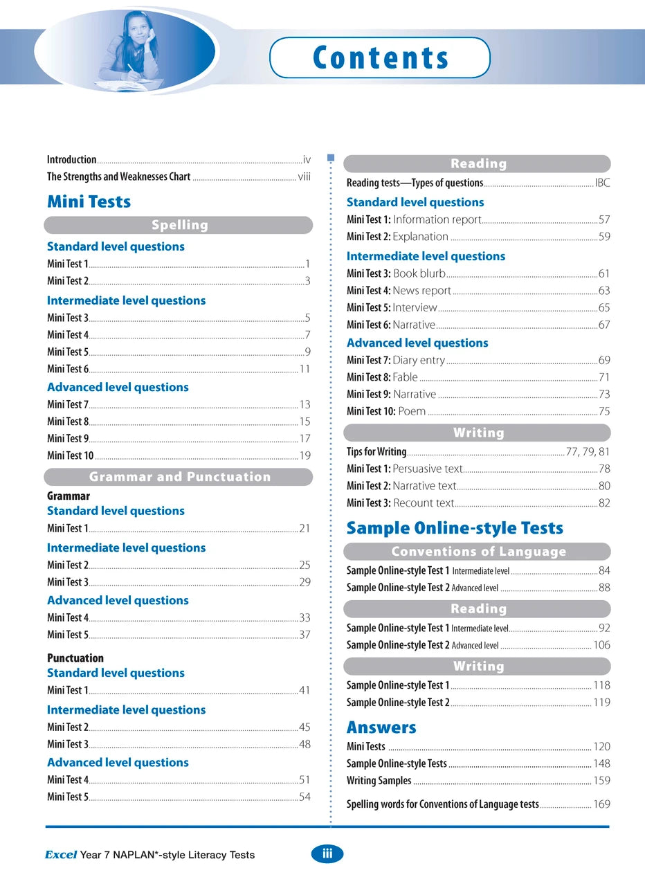 Sample interior page from the Excel NAPLAN-style Literacy Tests Year 7 workbook, as shown in the Pascal Press product gallery