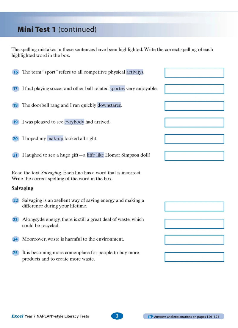 Sample interior page from the Excel NAPLAN-style Literacy Tests Year 7 workbook, as shown in the Pascal Press product gallery