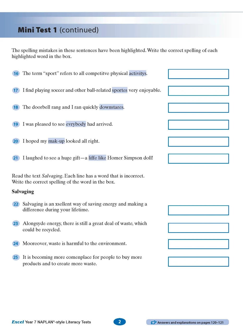 Sample interior page from the Excel NAPLAN-style Literacy Tests Year 7 workbook, as shown in the Pascal Press product gallery