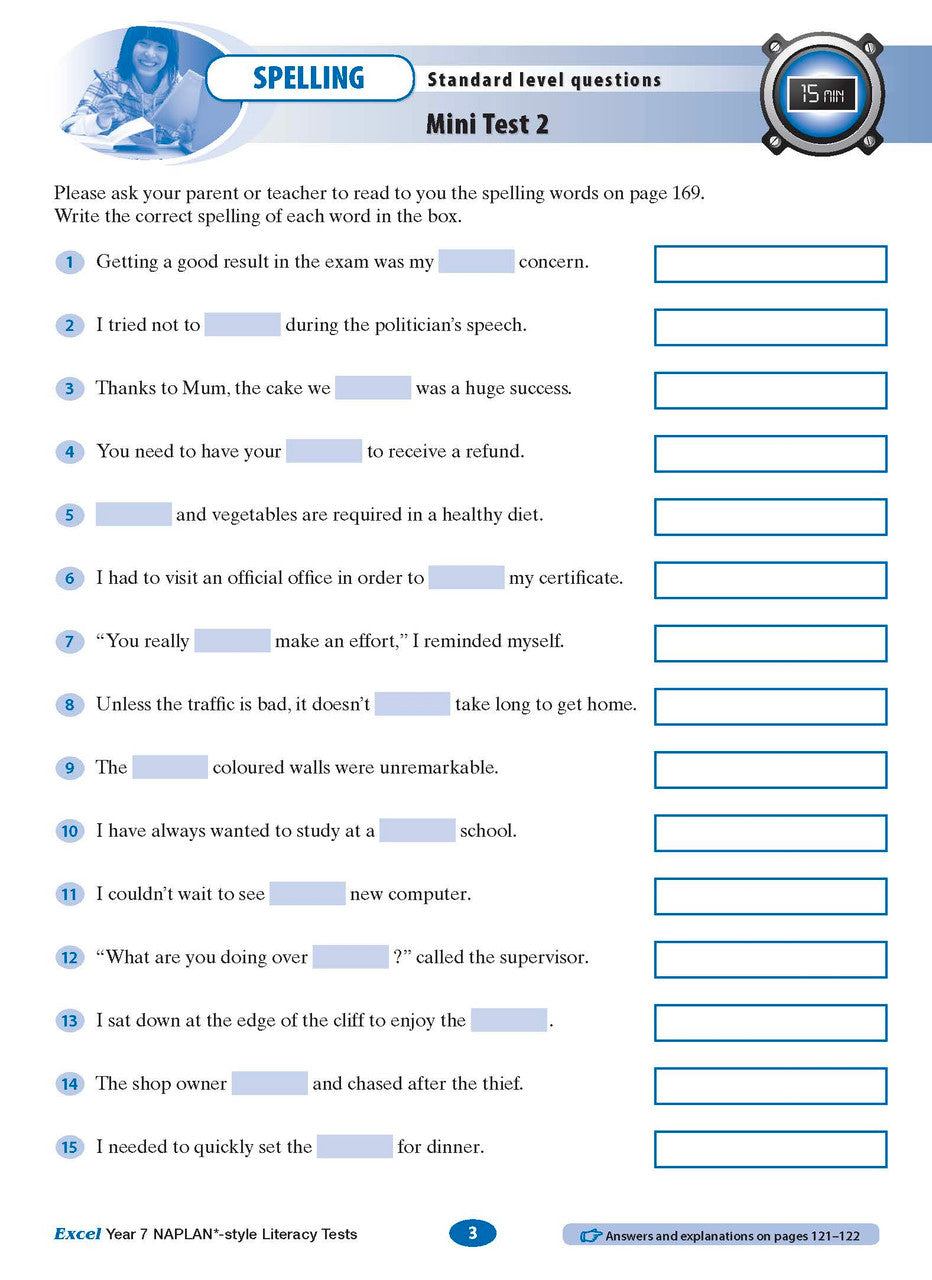 Sample interior page from the Excel NAPLAN-style Literacy Tests Year 7 workbook, as shown in the Pascal Press product gallery