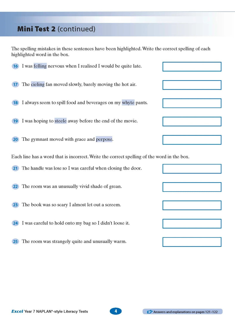 Sample interior page from the Excel NAPLAN-style Literacy Tests Year 7 workbook, as shown in the Pascal Press product gallery