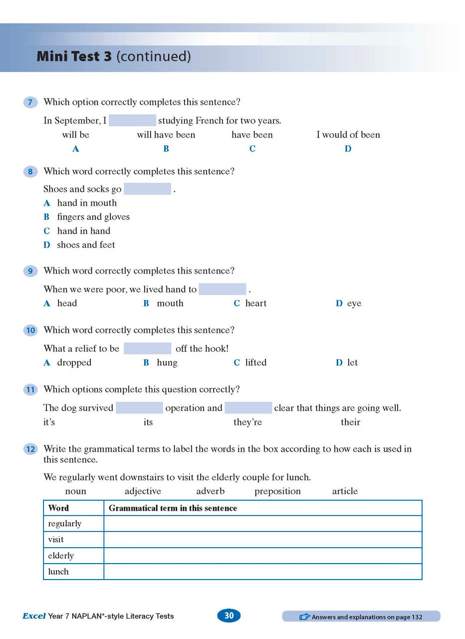 Sample interior page from the Excel NAPLAN-style Literacy Tests Year 7 workbook, as shown in the Pascal Press product gallery