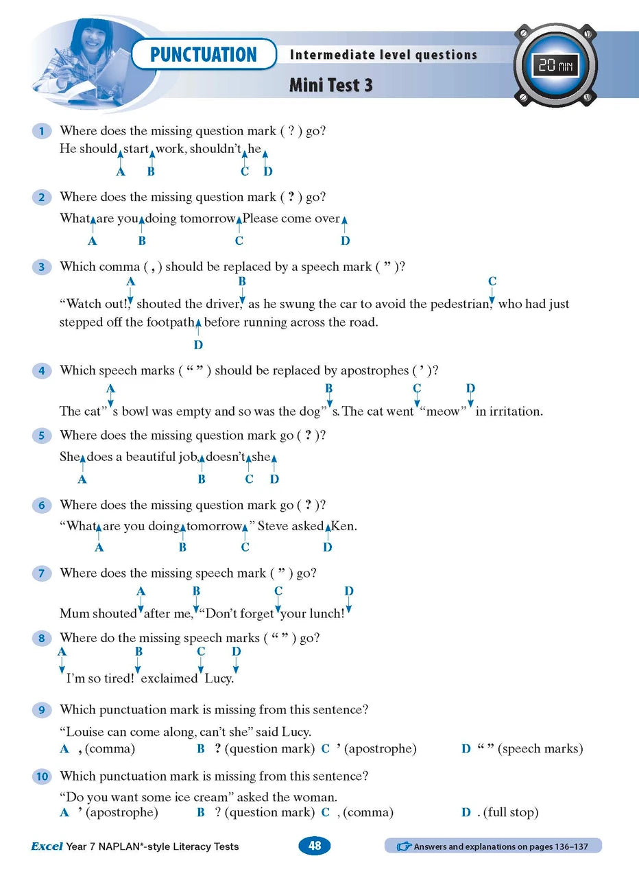 Sample interior page from the Excel NAPLAN-style Literacy Tests Year 7 workbook, as shown in the Pascal Press product gallery