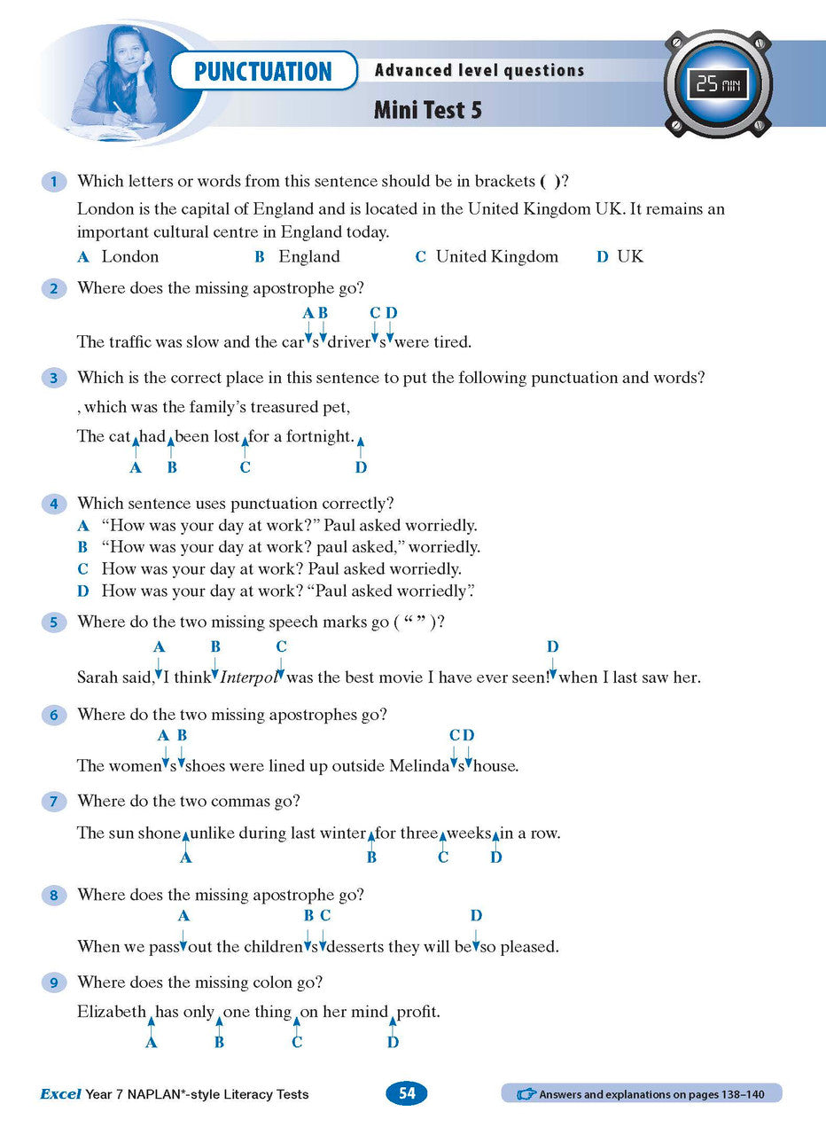 Sample interior page from the Excel NAPLAN-style Literacy Tests Year 7 workbook, as shown in the Pascal Press product gallery