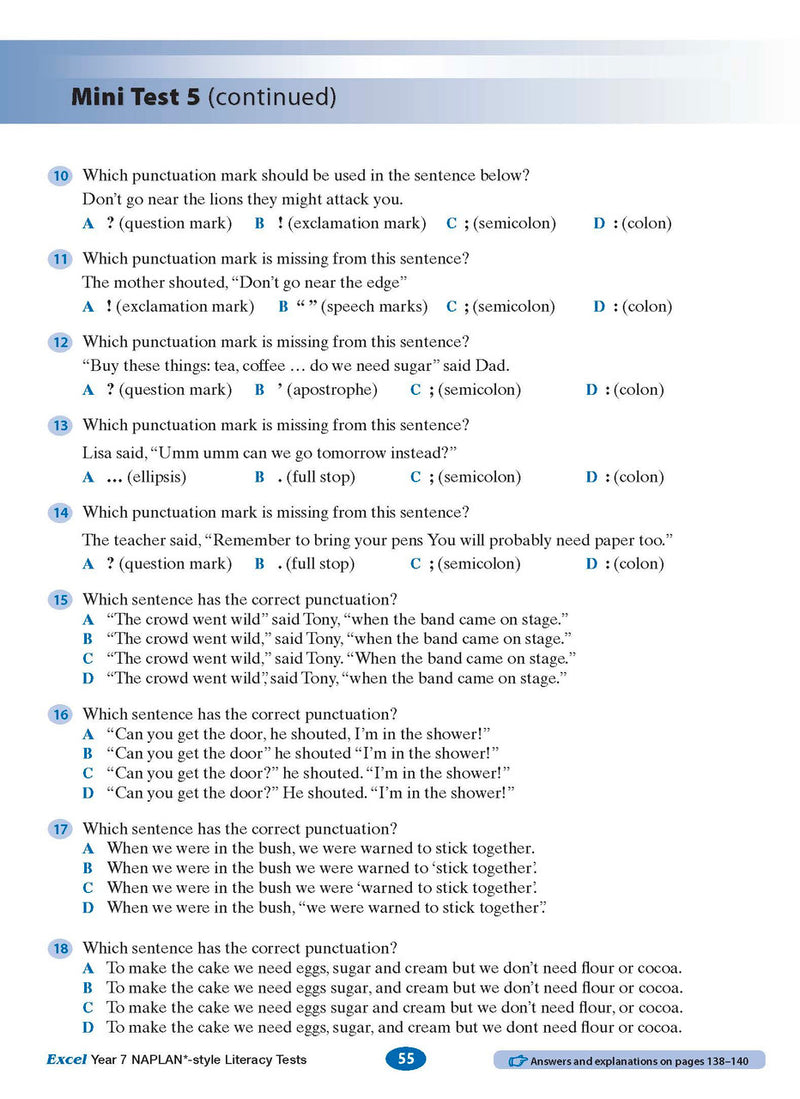 Sample interior page from the Excel NAPLAN-style Literacy Tests Year 7 workbook, as shown in the Pascal Press product gallery