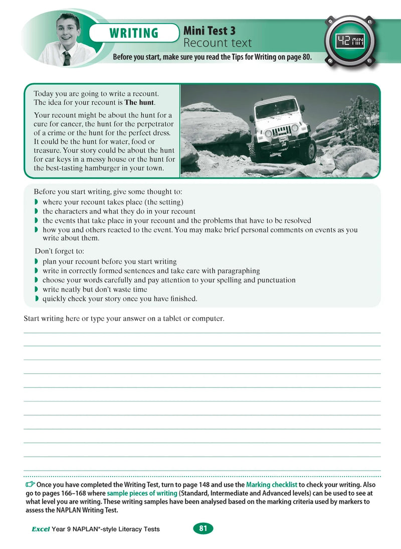 Sample interior page from the Excel NAPLAN-style Literacy Tests Year 9 workbook, as shown in the Pascal Press product gallery