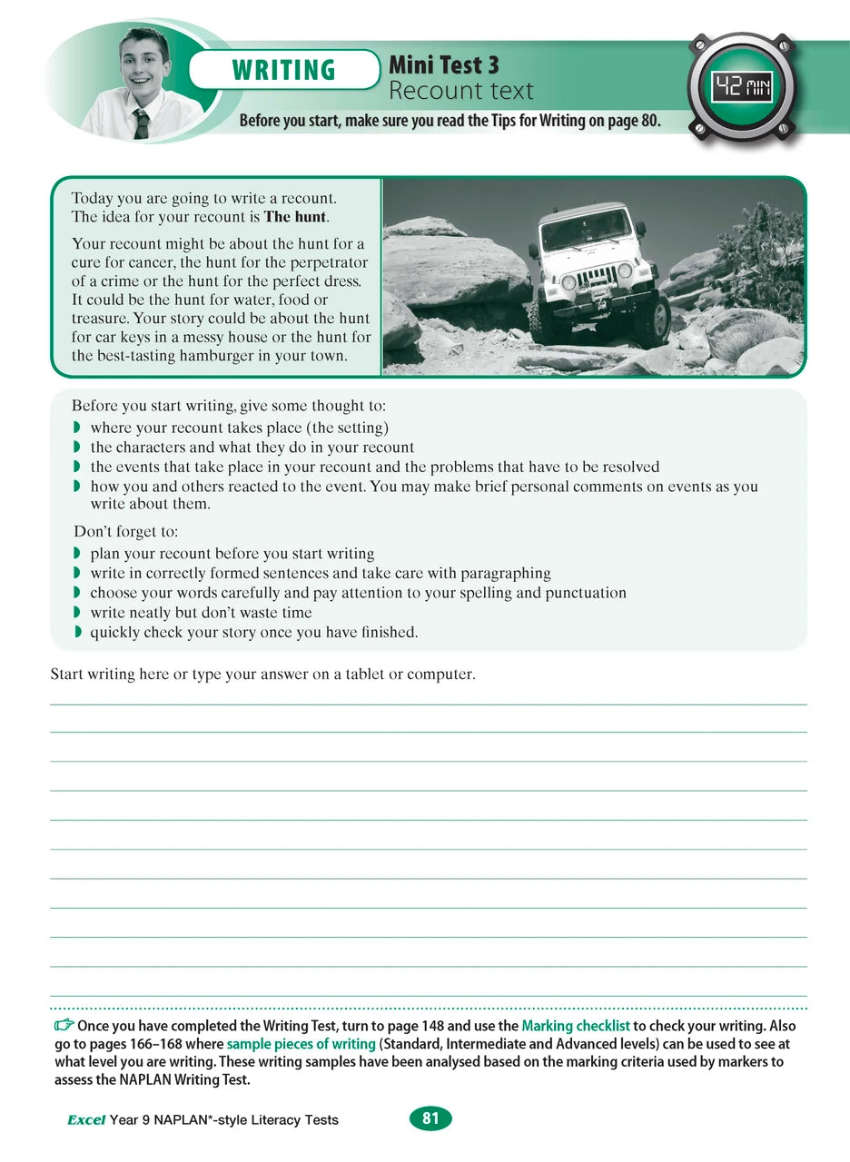 Sample interior page from the Excel NAPLAN-style Literacy Tests Year 9 workbook, as shown in the Pascal Press product gallery