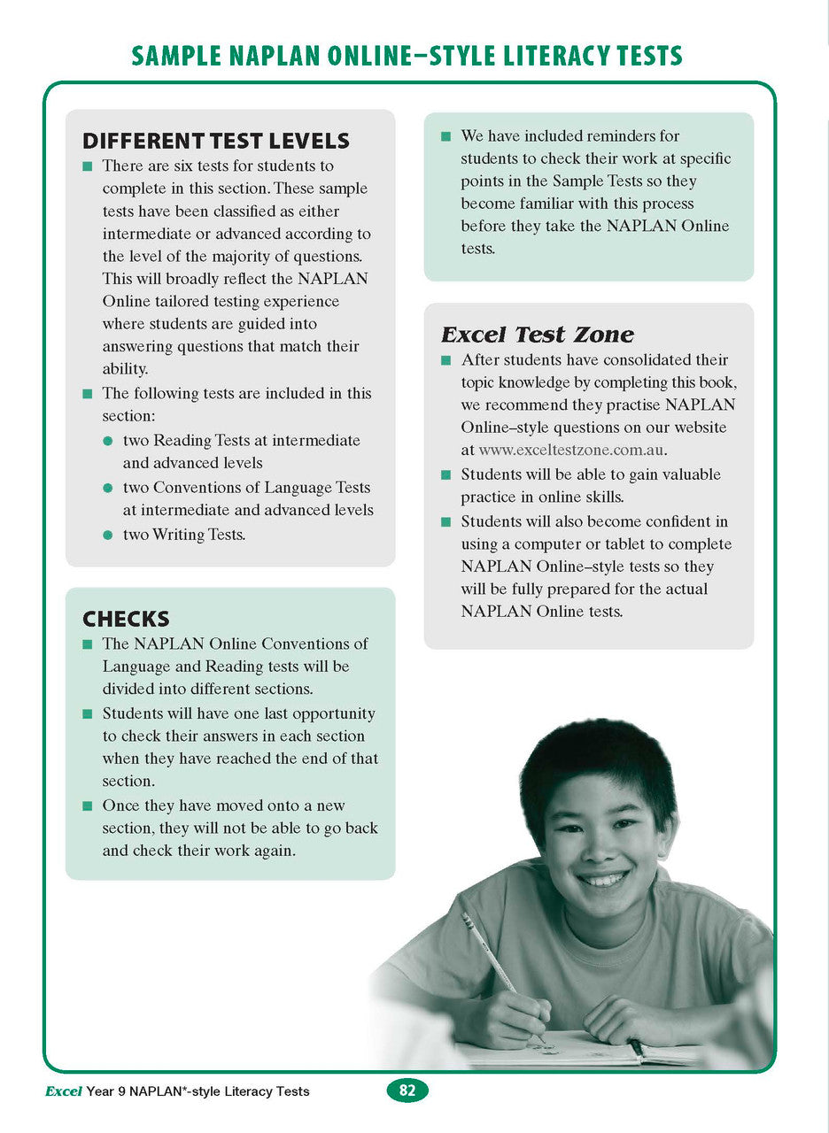 Sample interior page from the Excel NAPLAN-style Literacy Tests Year 9 workbook, as shown in the Pascal Press product gallery