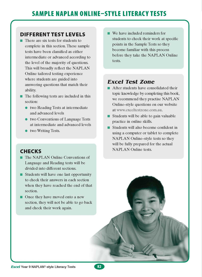 Sample interior page from the Excel NAPLAN-style Literacy Tests Year 9 workbook, as shown in the Pascal Press product gallery