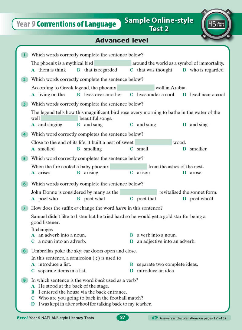 Sample interior page from the Excel NAPLAN-style Literacy Tests Year 9 workbook, as shown in the Pascal Press product gallery