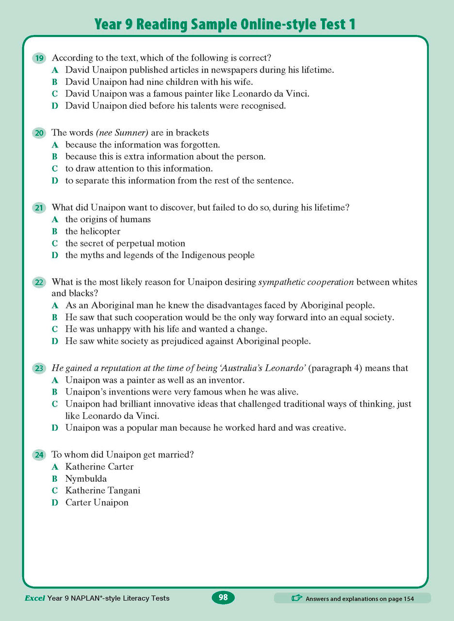 Sample interior page from the Excel NAPLAN-style Literacy Tests Year 9 workbook, as shown in the Pascal Press product gallery