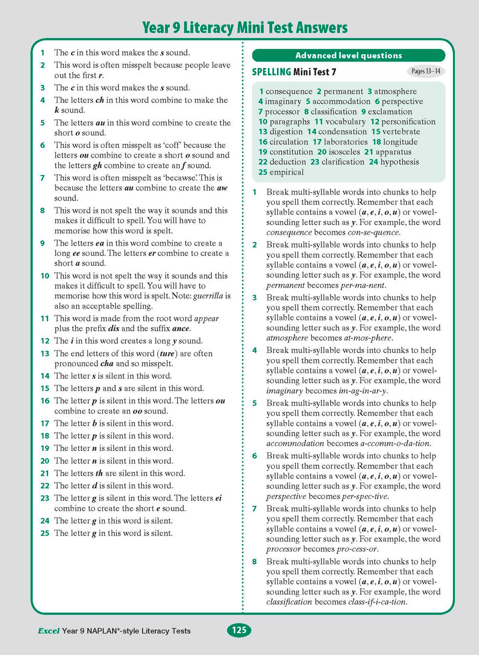 Sample interior page from the Excel NAPLAN-style Literacy Tests Year 9 workbook, as shown in the Pascal Press product gallery