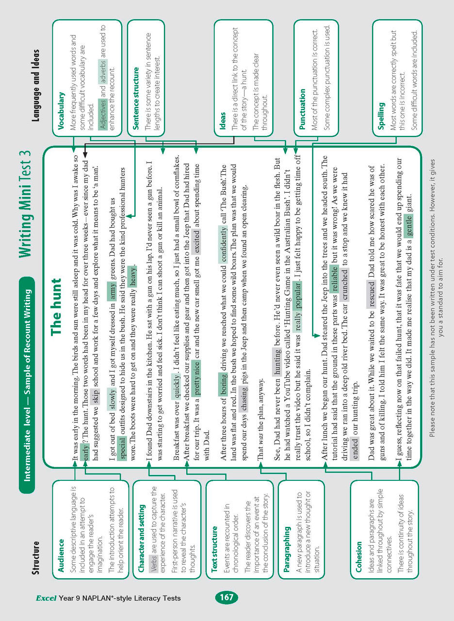 Sample interior page from the Excel NAPLAN-style Literacy Tests Year 9 workbook, as shown in the Pascal Press product gallery