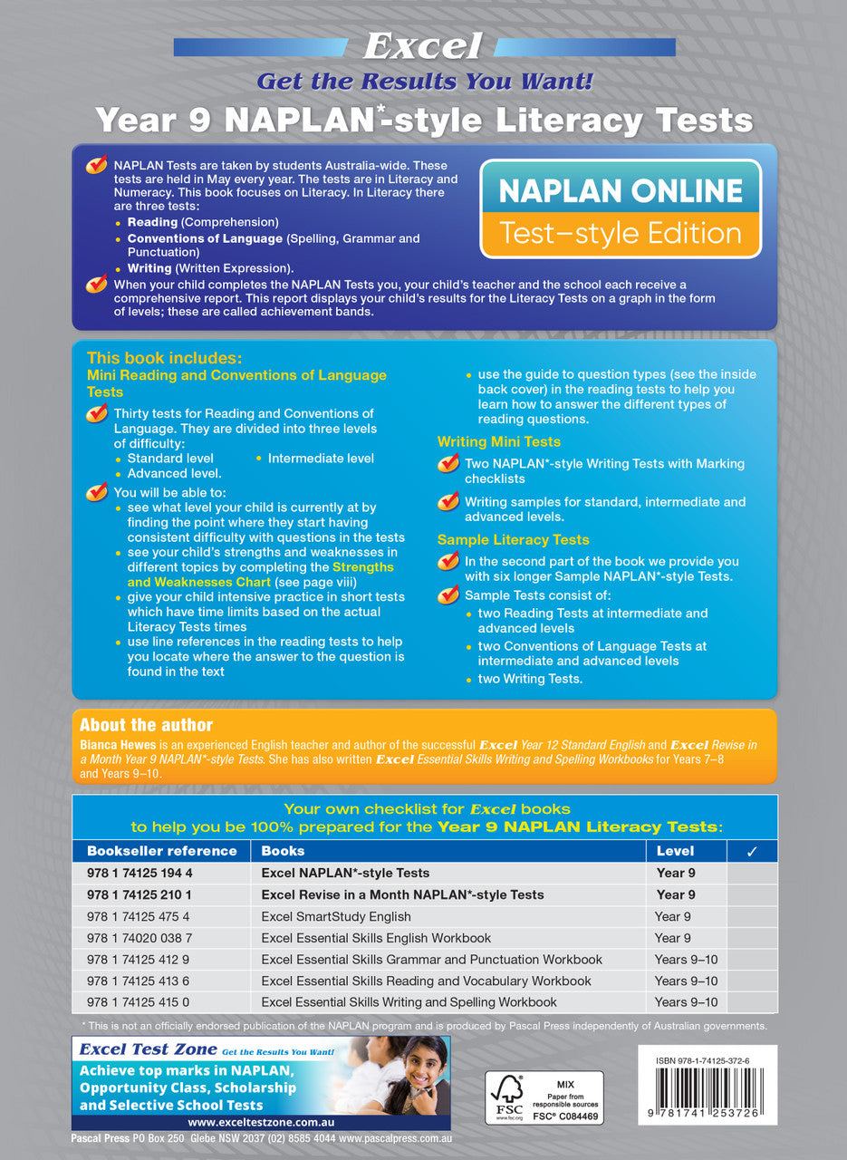 Back cover of the Excel NAPLAN-style Literacy Tests Year 9 workbook as shown in the Pascal Press product gallery