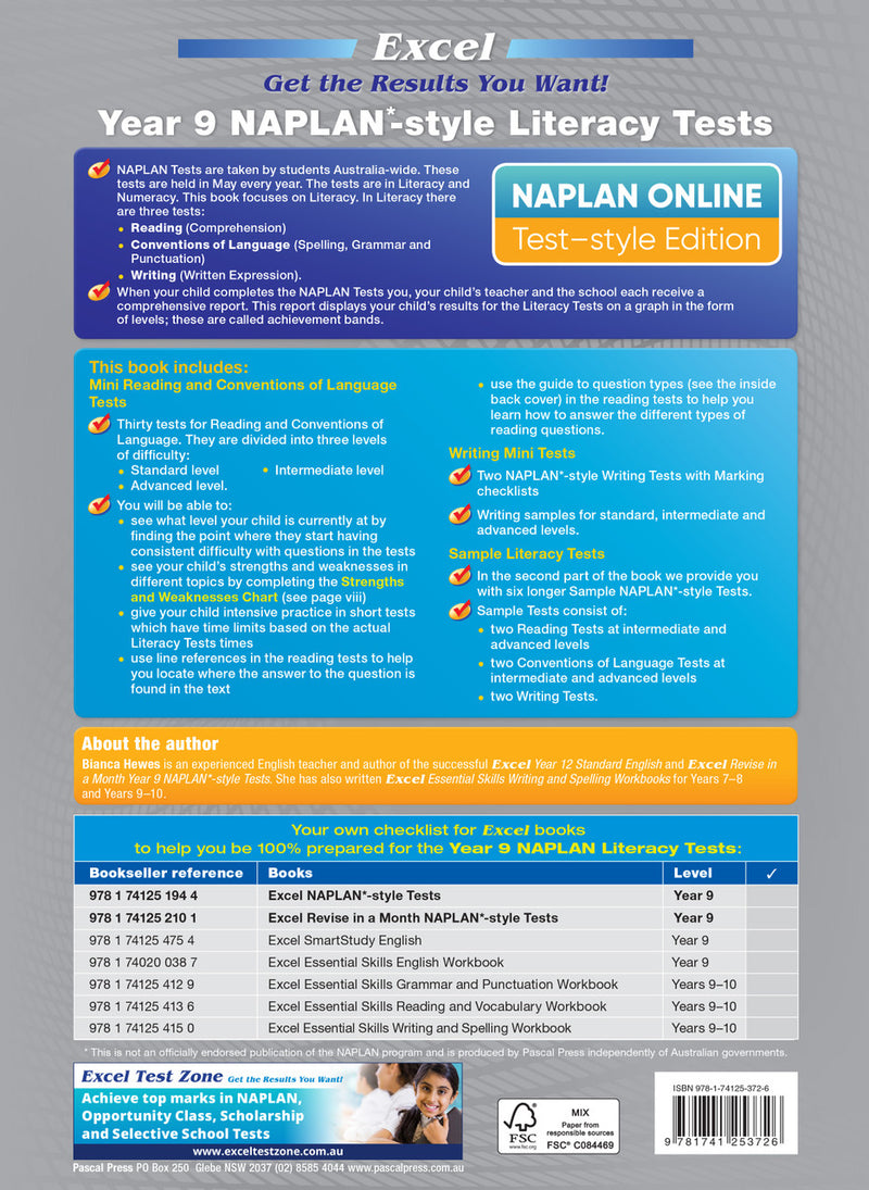 Back cover of the Excel NAPLAN-style Literacy Tests Year 9 workbook as shown in the Pascal Press product gallery