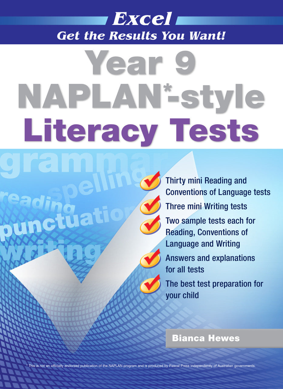 Front cover of the Excel NAPLAN-style Literacy Tests Year 9 workbook from Pascal Press, shown as the main product image