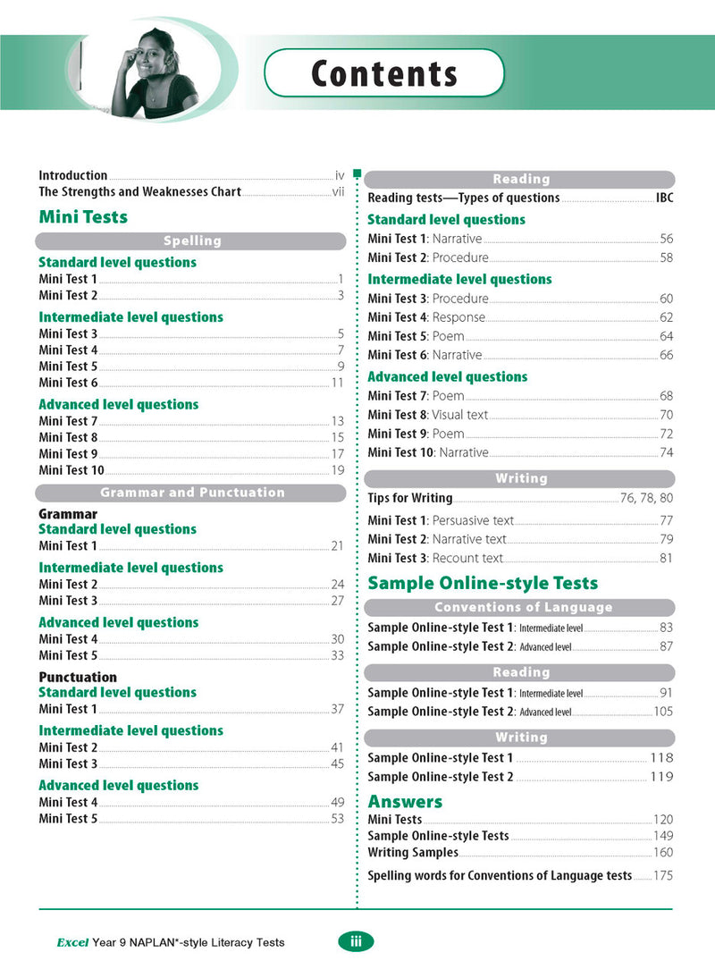 Sample interior page from the Excel NAPLAN-style Literacy Tests Year 9 workbook, as shown in the Pascal Press product gallery