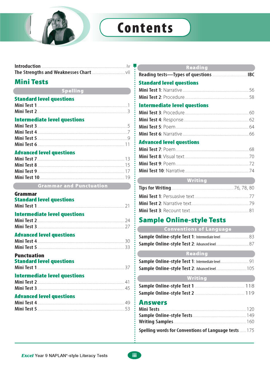 Sample interior page from the Excel NAPLAN-style Literacy Tests Year 9 workbook, as shown in the Pascal Press product gallery