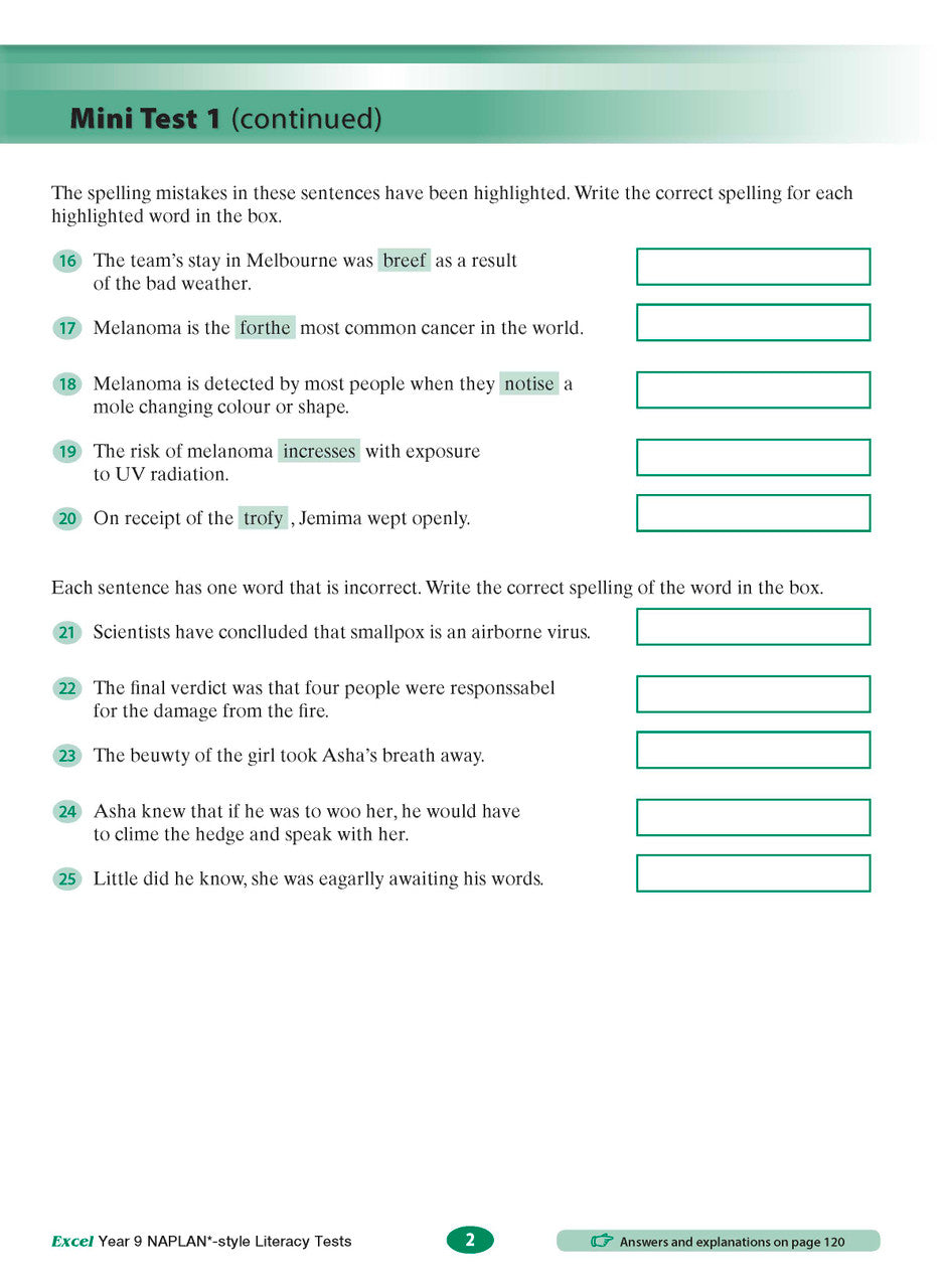 Sample interior page from the Excel NAPLAN-style Literacy Tests Year 9 workbook, as shown in the Pascal Press product gallery