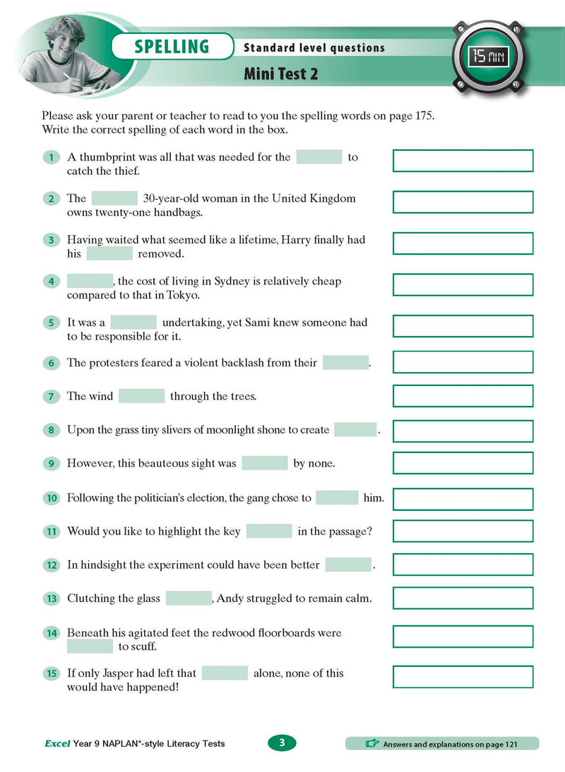 Sample interior page from the Excel NAPLAN-style Literacy Tests Year 9 workbook, as shown in the Pascal Press product gallery