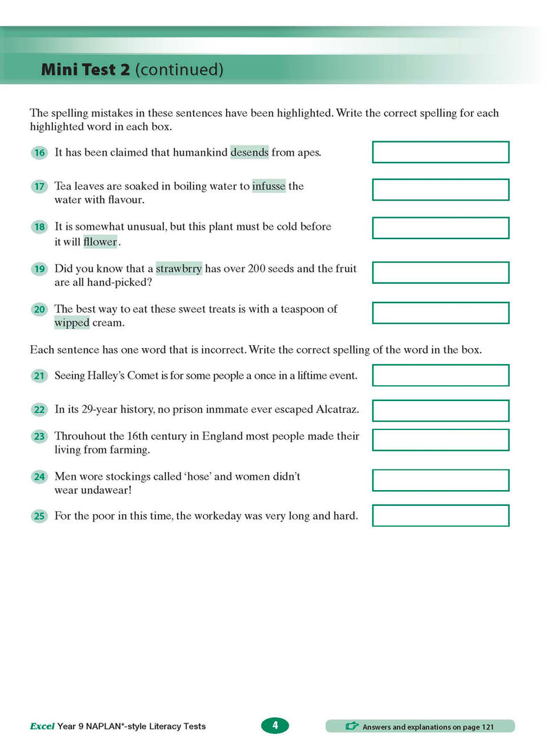 Sample interior page from the Excel NAPLAN-style Literacy Tests Year 9 workbook, as shown in the Pascal Press product gallery
