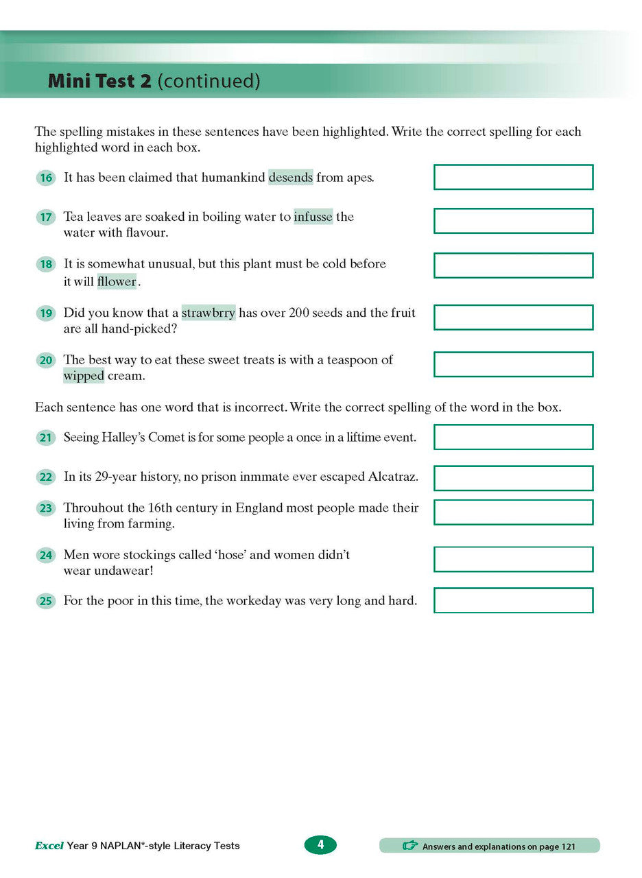 Sample interior page from the Excel NAPLAN-style Literacy Tests Year 9 workbook, as shown in the Pascal Press product gallery