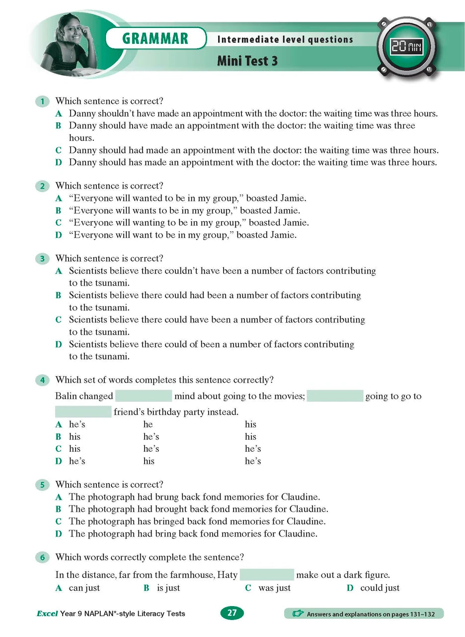 Sample interior page from the Excel NAPLAN-style Literacy Tests Year 9 workbook, as shown in the Pascal Press product gallery